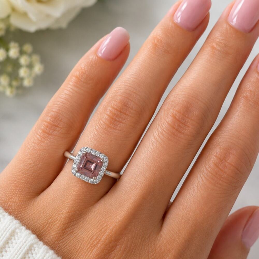 Sterling Silver Morganite CZ Pink Stone Halo Ring Size 7  w/ Free LED Gift Box
